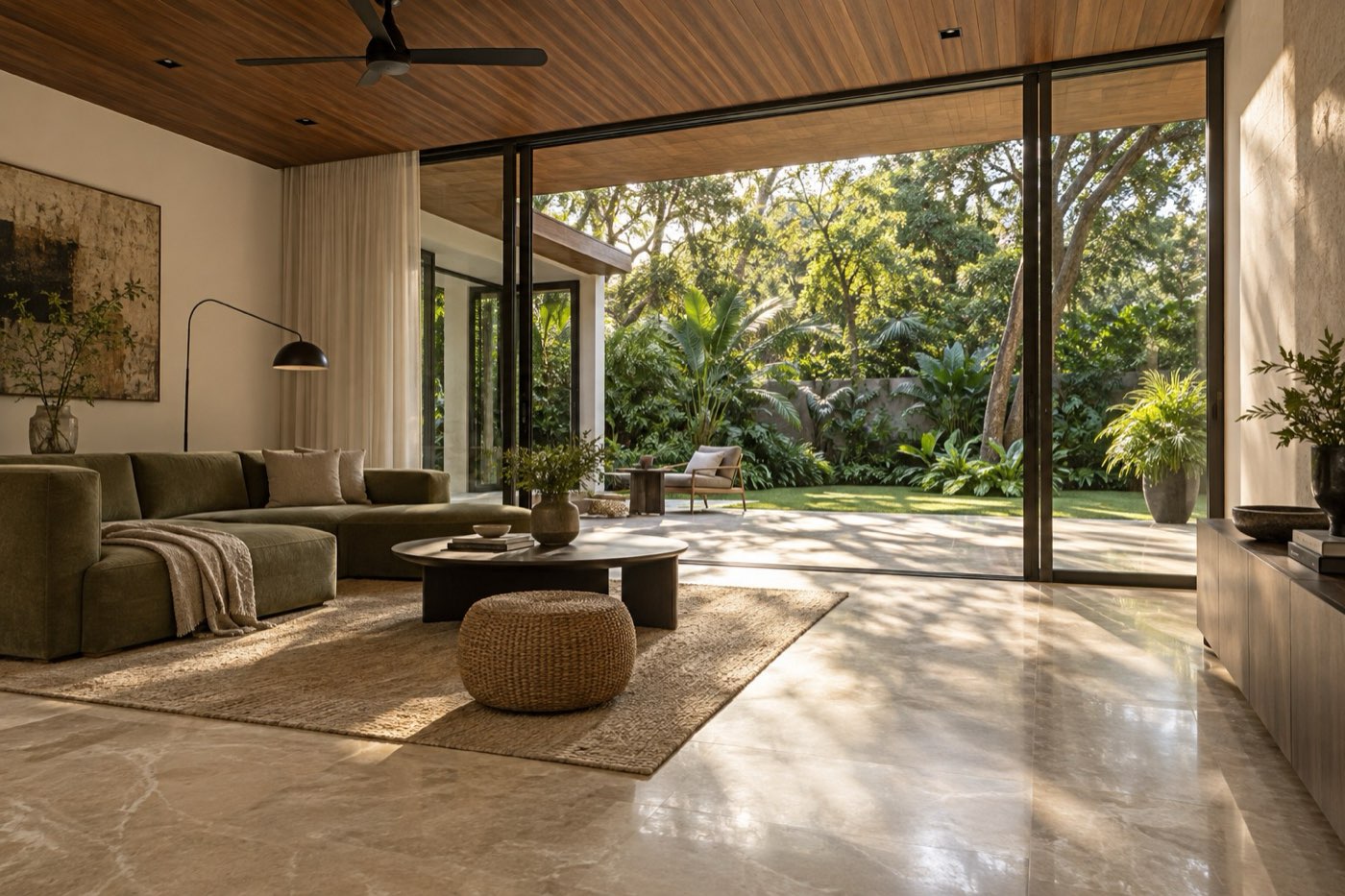 Illustrative contemporary living room opening into a lush tropical garden